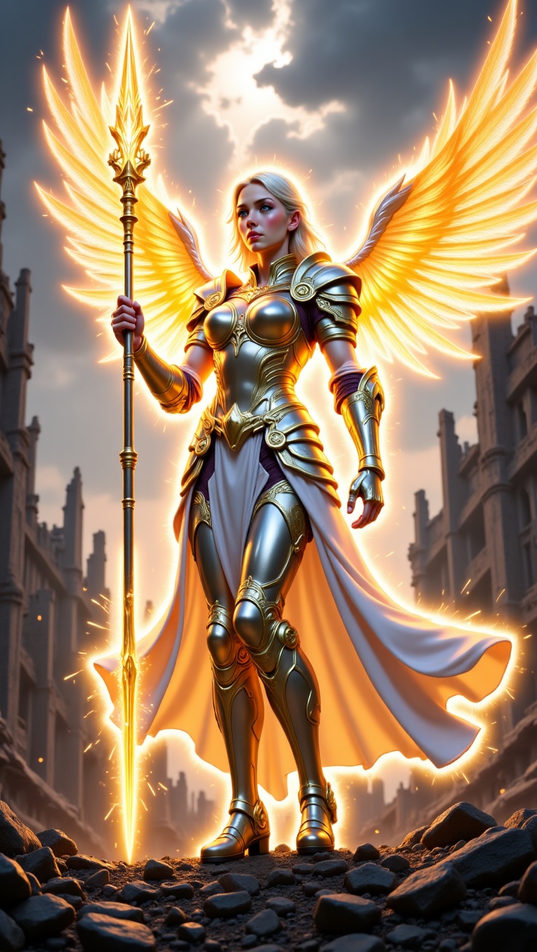 A radiant paladin maid knight with white-gold plated armor,  flowing maid skirt integrated with armor plating,  and glowin...