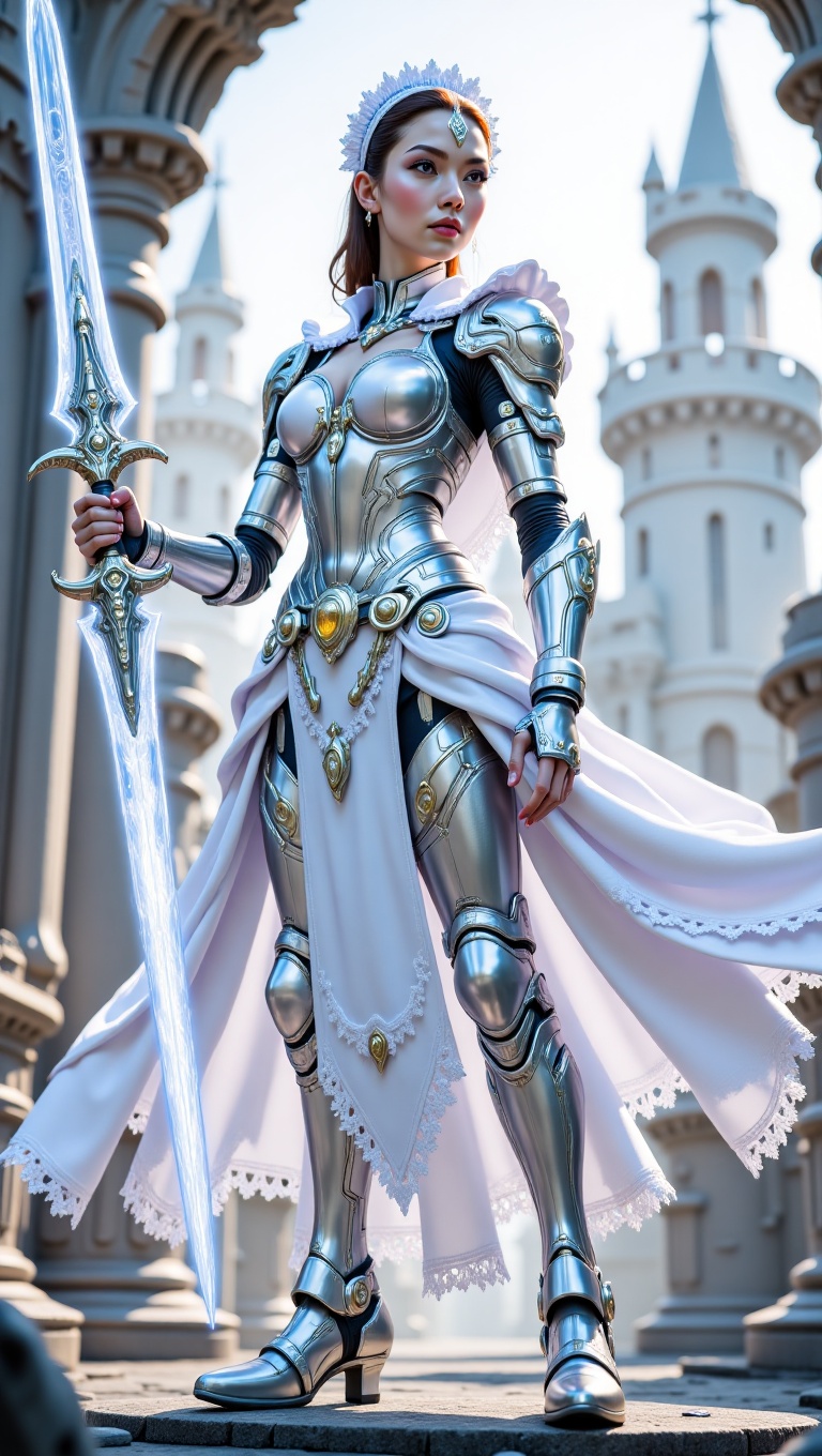A futuristic battle-maid knight in shining white and silver armor with elegant maid-like frills,  a metallic apron,  and a...