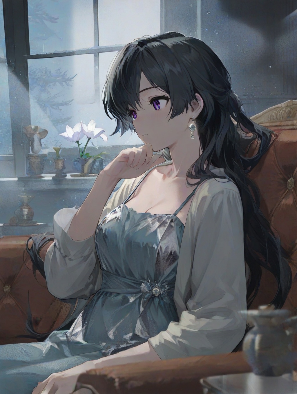 A beautiful girl with long black hair and purple eyes is leaning on the back of a sofa,  her chin resting on her hand. She...