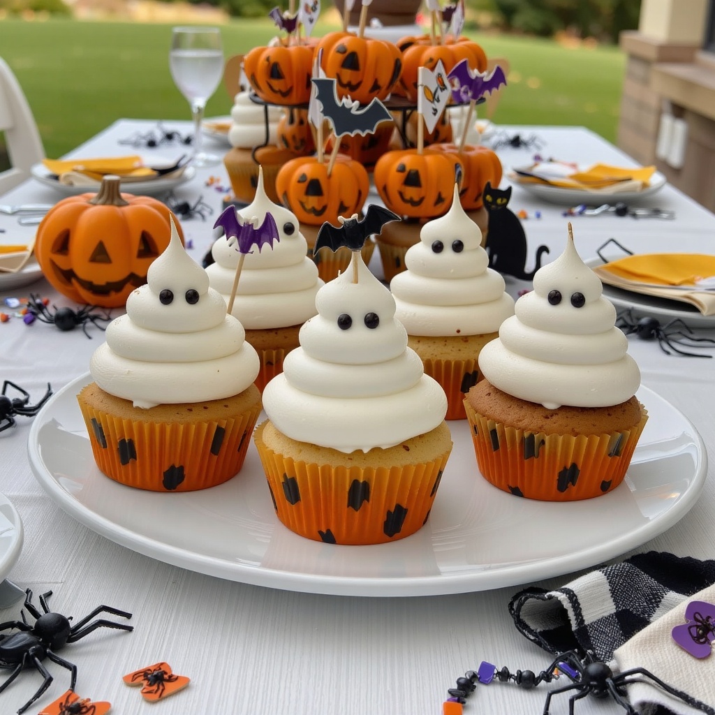 A plate of realistic Halloween ghost cupcakes neatly arranged on a festive dining table set for a Halloween party. Each cu...