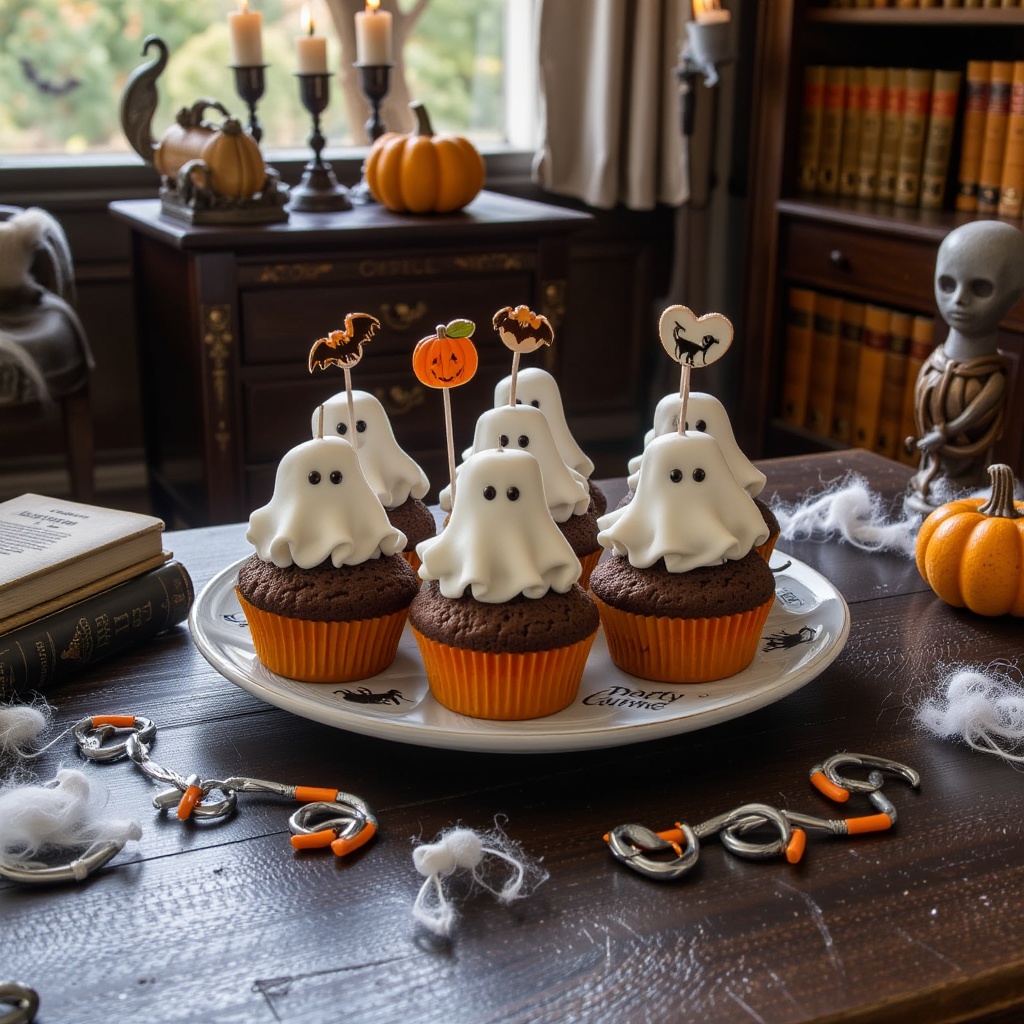 A plate of realistic Halloween ghost cupcakes neatly arranged on a dark wooden desk in an old-style study room. Each cupca...