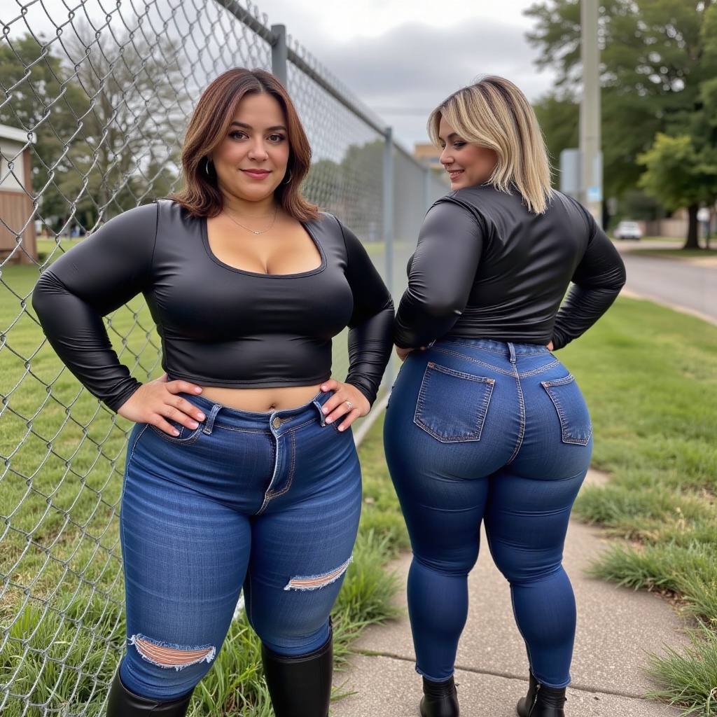 A striking image shows two confident women leaning against a weathered chain-link fence outdoors. The first woman,  fair-s...