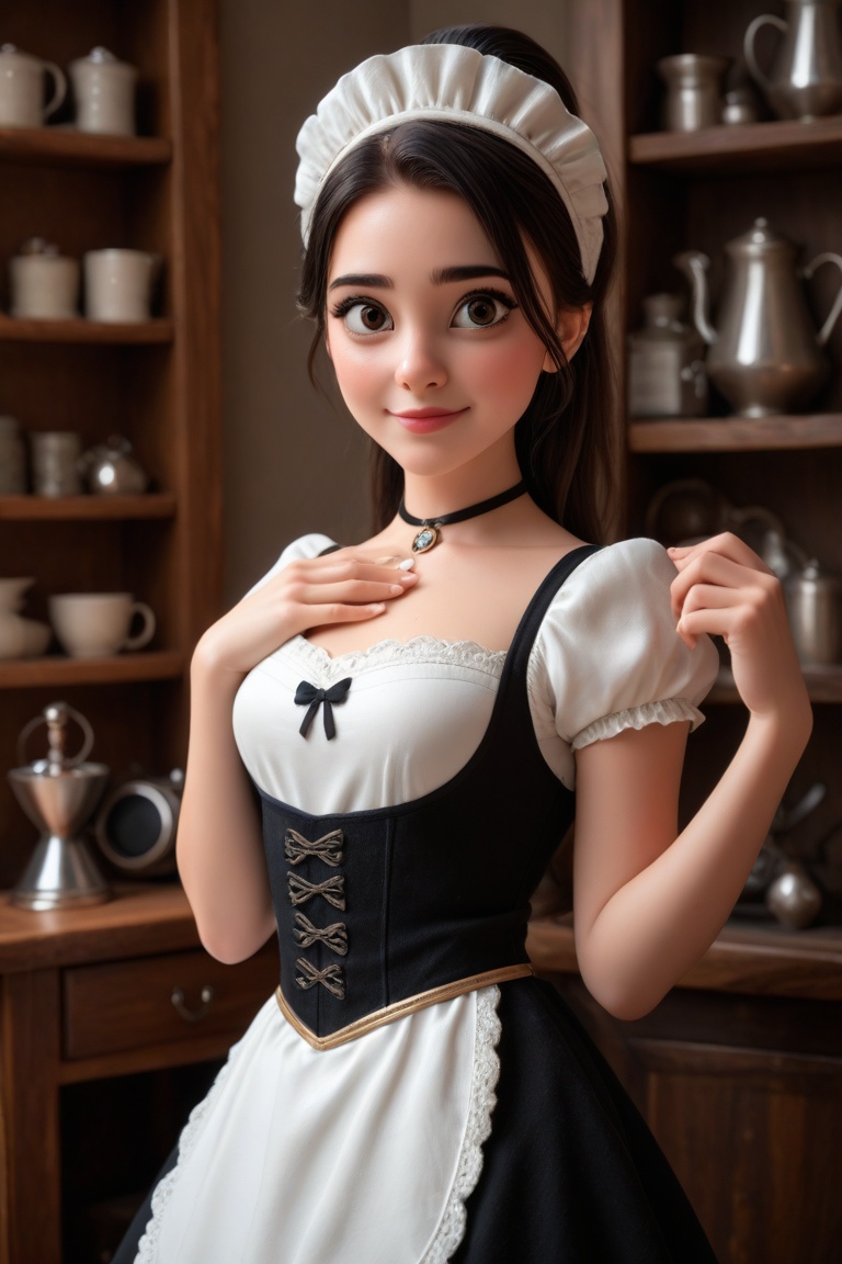 a youthful & stunning Japanese lady,  dressed in a black and white maid outfit,  adorned with a white bonnet on her head....