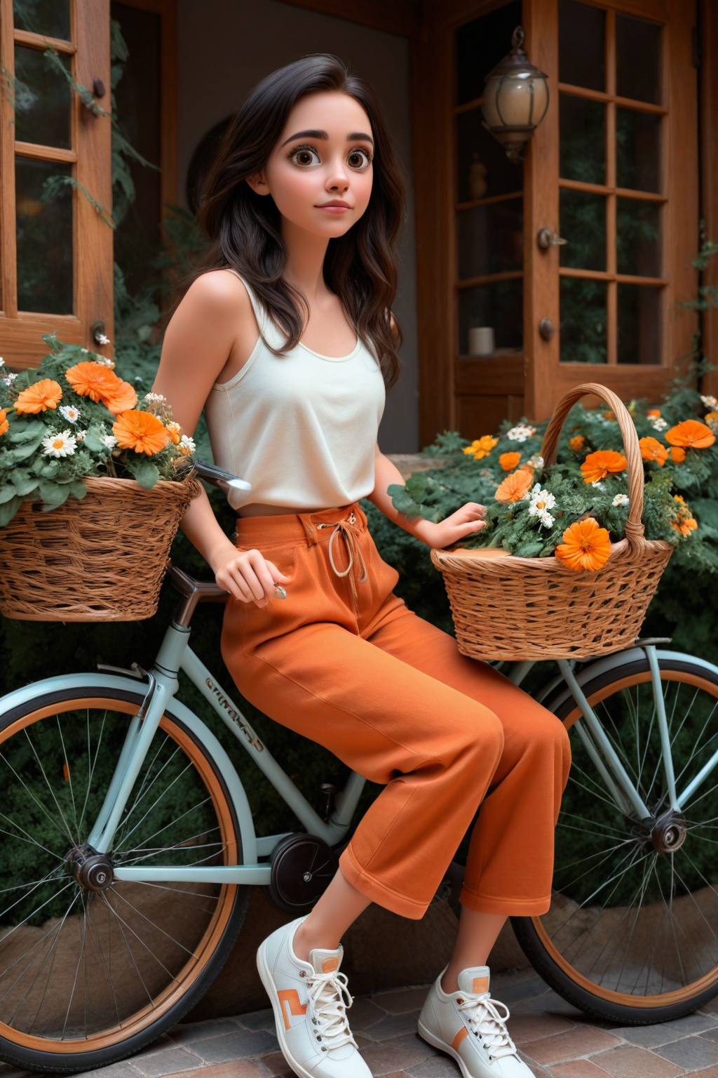 a person sitting cross-legged on a ledge in an outdoor setting decorated with vibrant orange and green floral arrangements...