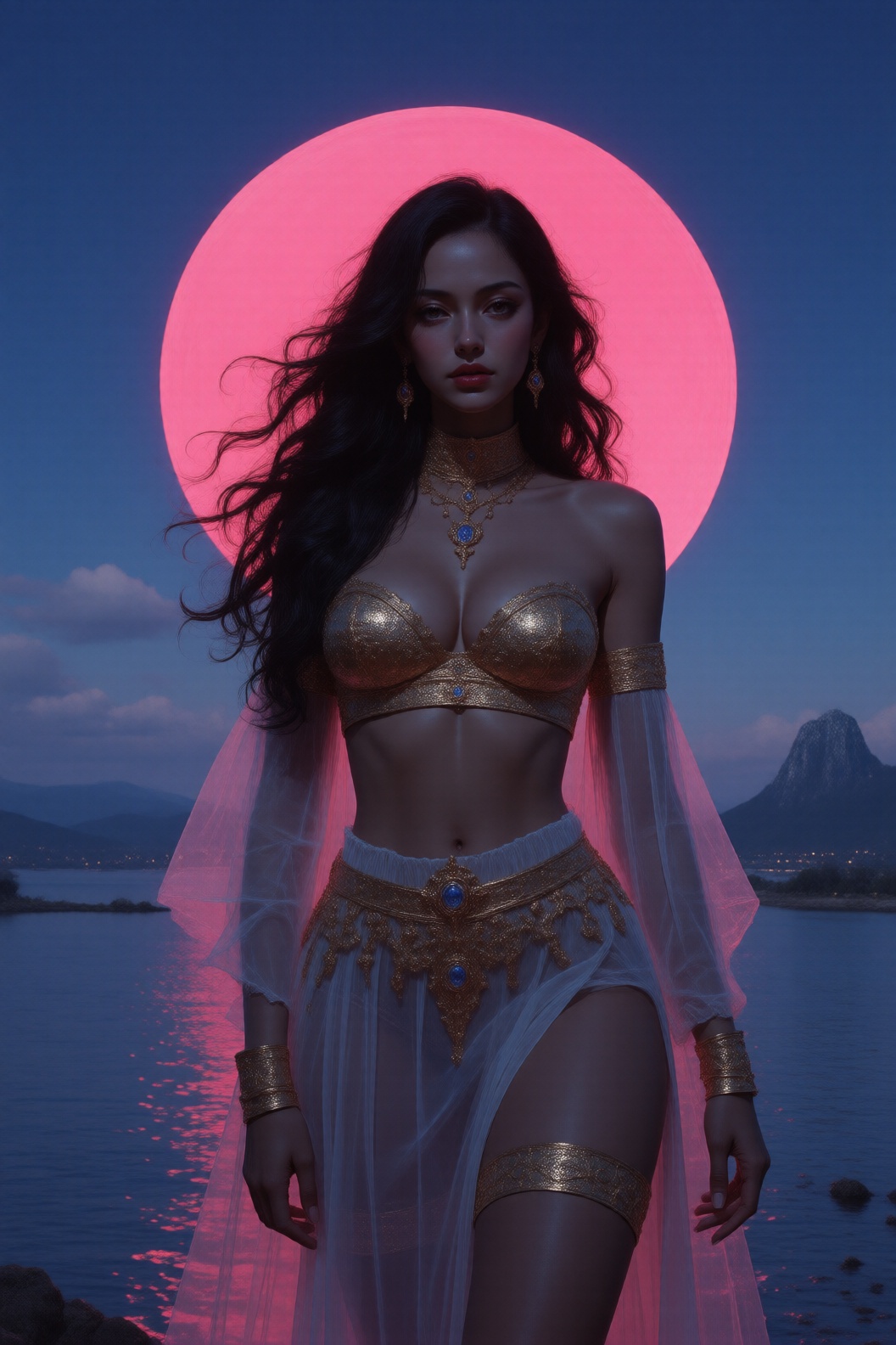 nvision a stylized,  futuristic female figure standing confidently in front of a large,  glowing pink circular light that...