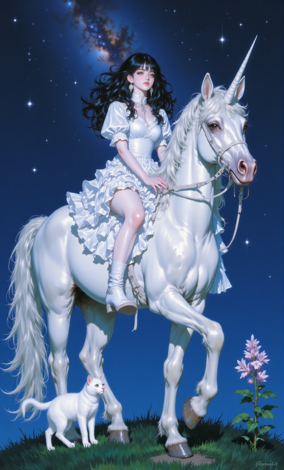 Medium shot capturing a female figure seated atop a white unicorn against a deep blue night sky filled with stars and nebu...