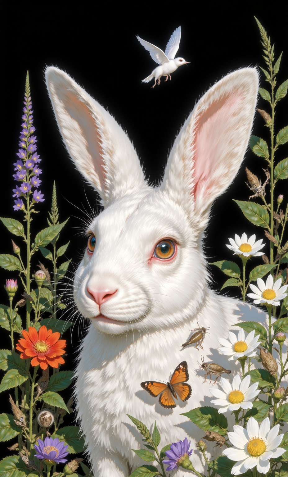 Close-up shot centered on a white rabbit with upright ears positioned against a solid black background. The rabbit’s fur a...
