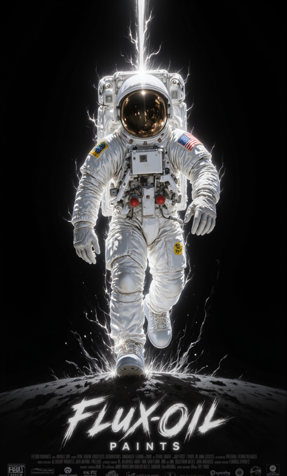 Medium shot of an astronaut in a white spacesuit standing on a dark,  textured surface resembling lunar terrain. The helme...