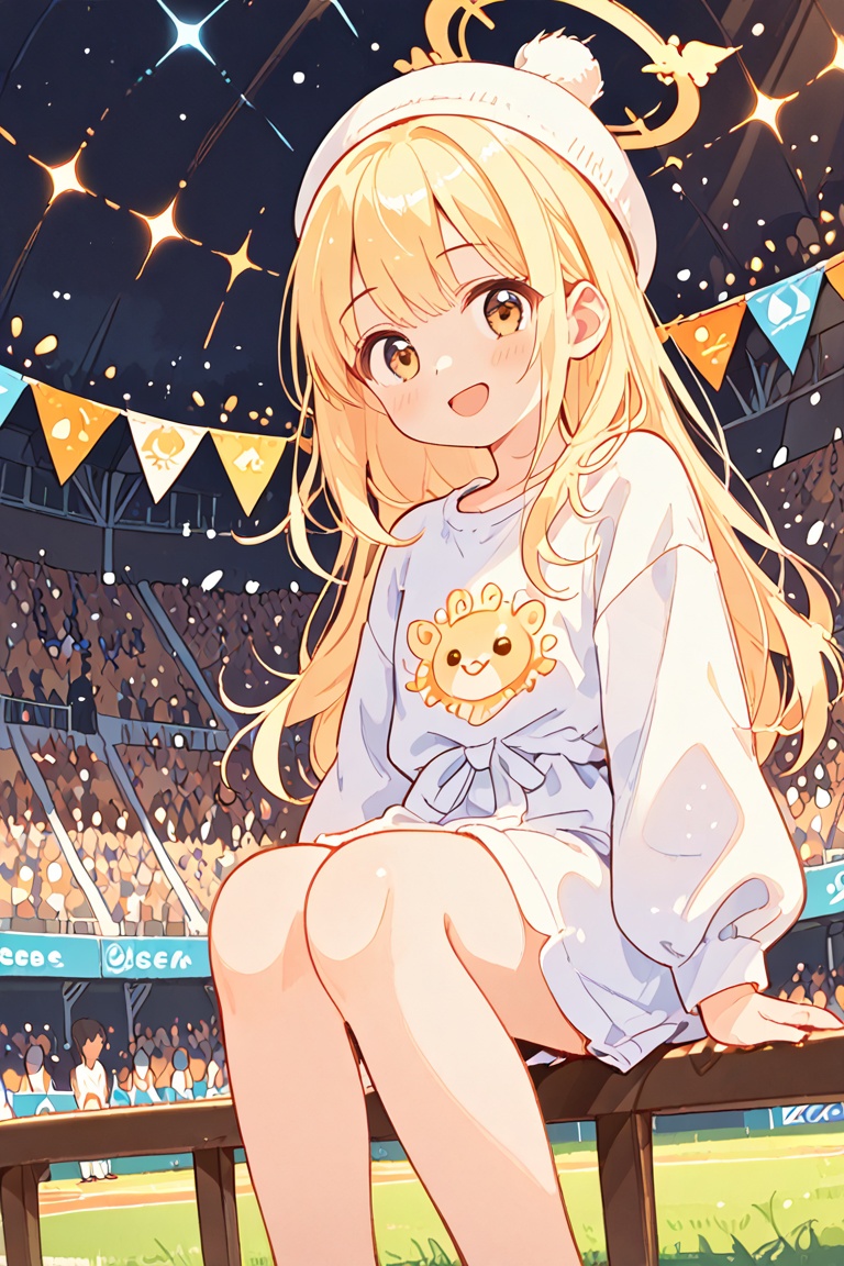In a bustling stadium brimming with an enthusiastic crowd,  a little cute girl stands out as a charming sight,  embodying...