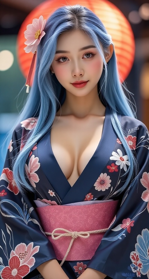1girl solo long hair breasts looking at viewer smile large breasts cleavage blue hair japanese clothes kimono lips sash ki...