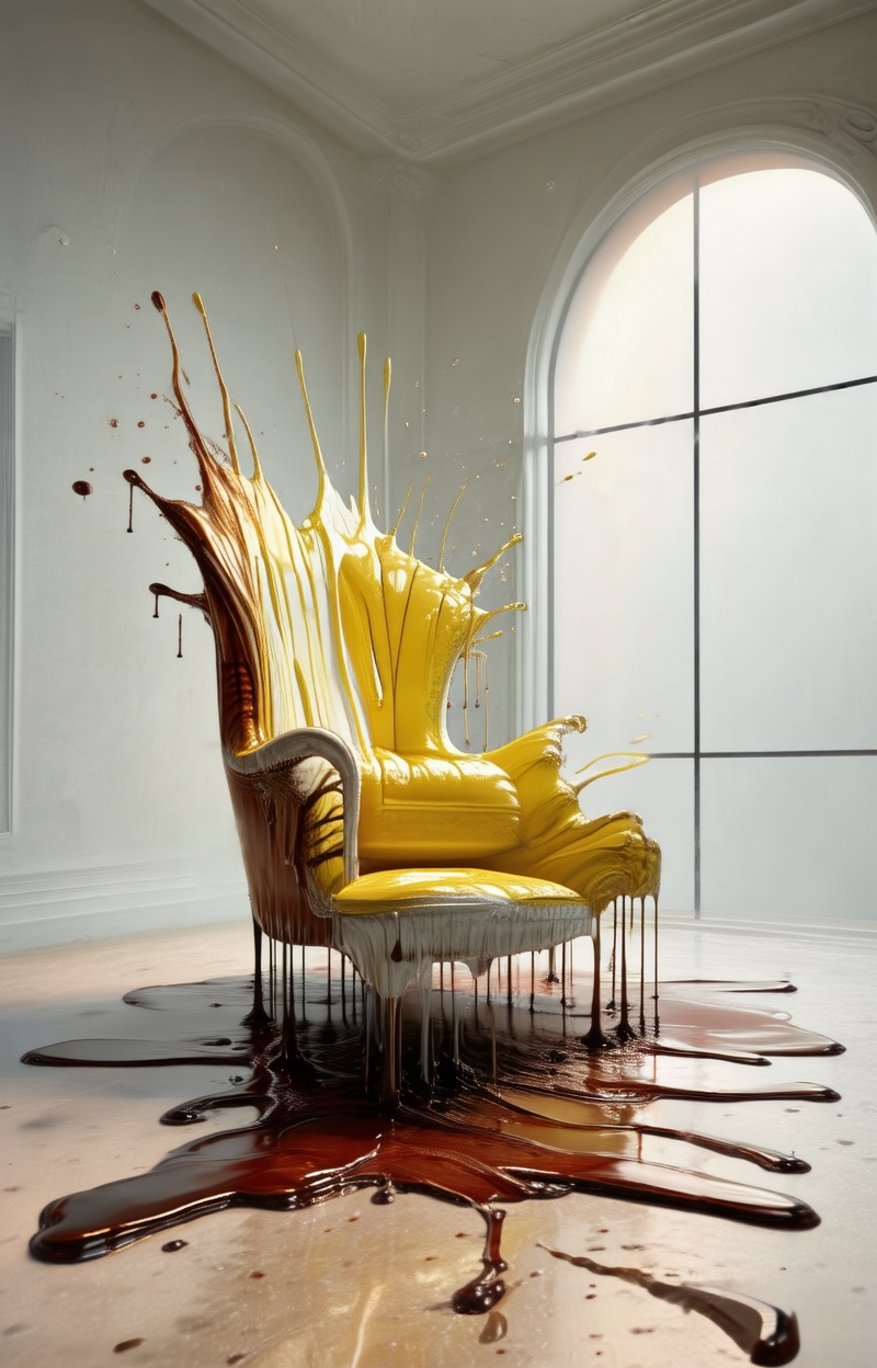 Chair melting into the floor,  object dripping,  fluid transformation on Tensor.Art