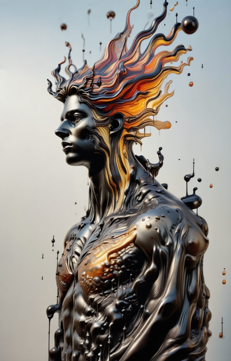 Human body full clothed,  full dressed melting into a statue,  liquid morphing effect on Tensor.Art