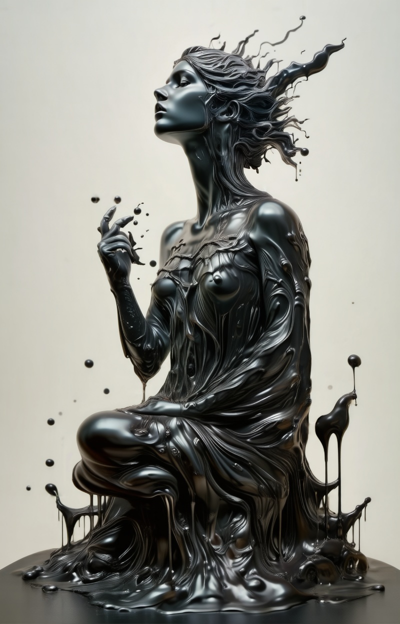 Human body full clothed,  full dressed melting into a statue,  liquid morphing effect on Tensor.Art