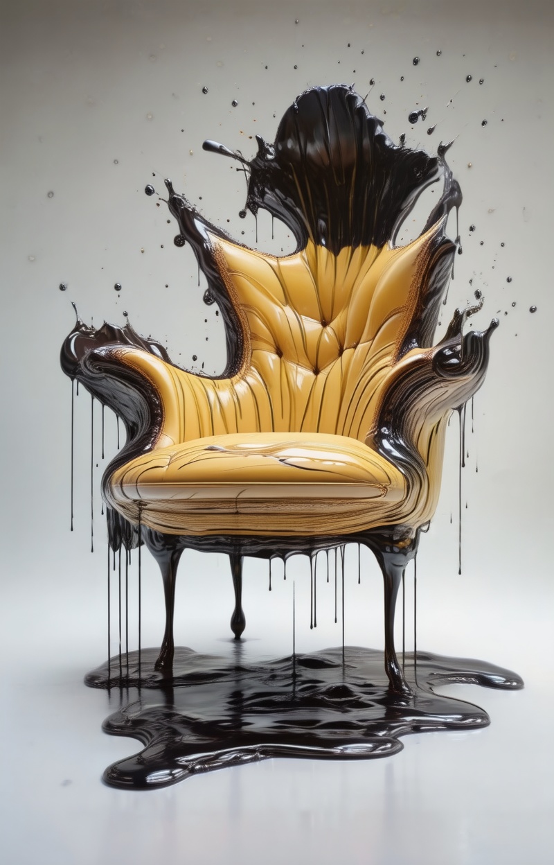 Chair melting into the floor,  object dripping,  fluid transformation on Tensor.Art