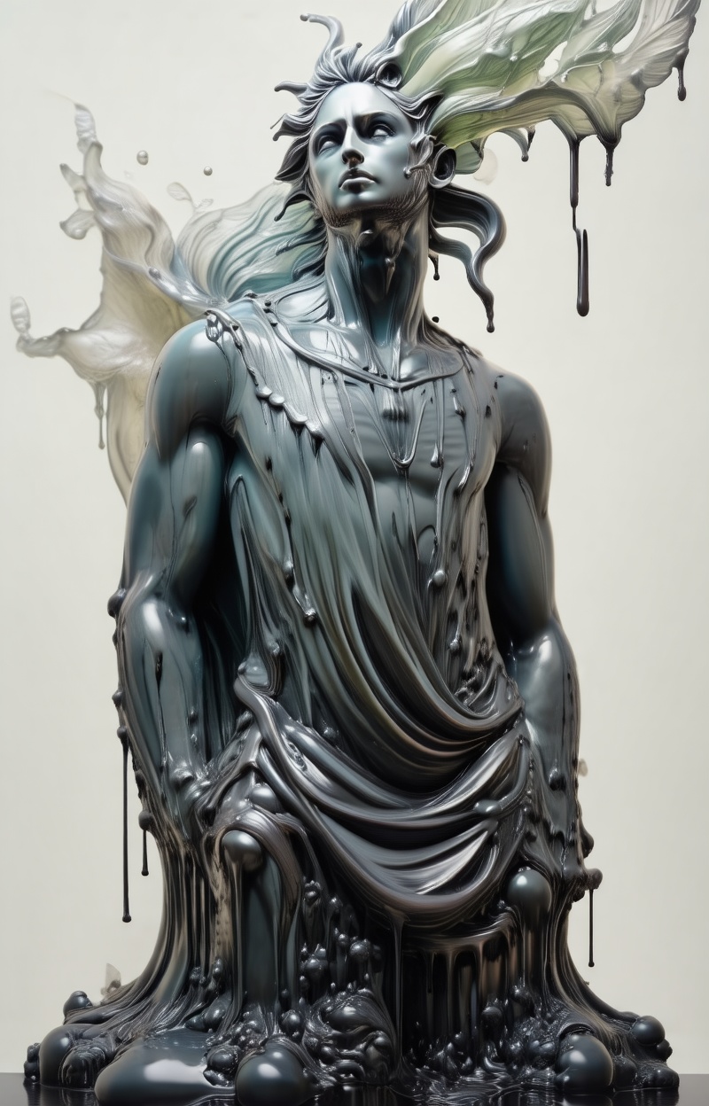 Human body full clothed,  full dressed melting into a statue,  liquid morphing effect on Tensor.Art