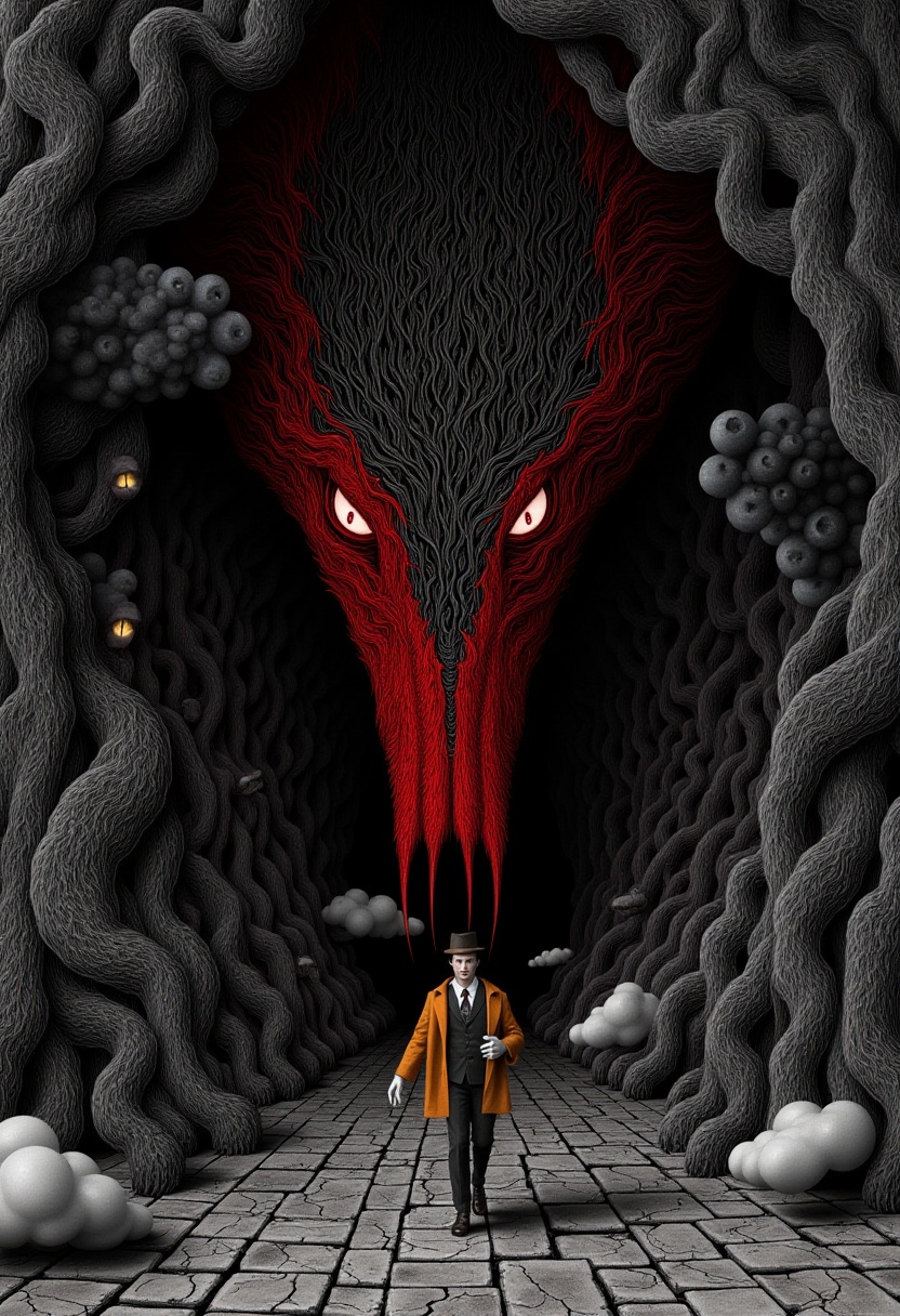 horror art by Anton Semenov and Frank Lloyd Wright,  old black and ruby red big voice pokémon,  dressed in 1940's hallowee...