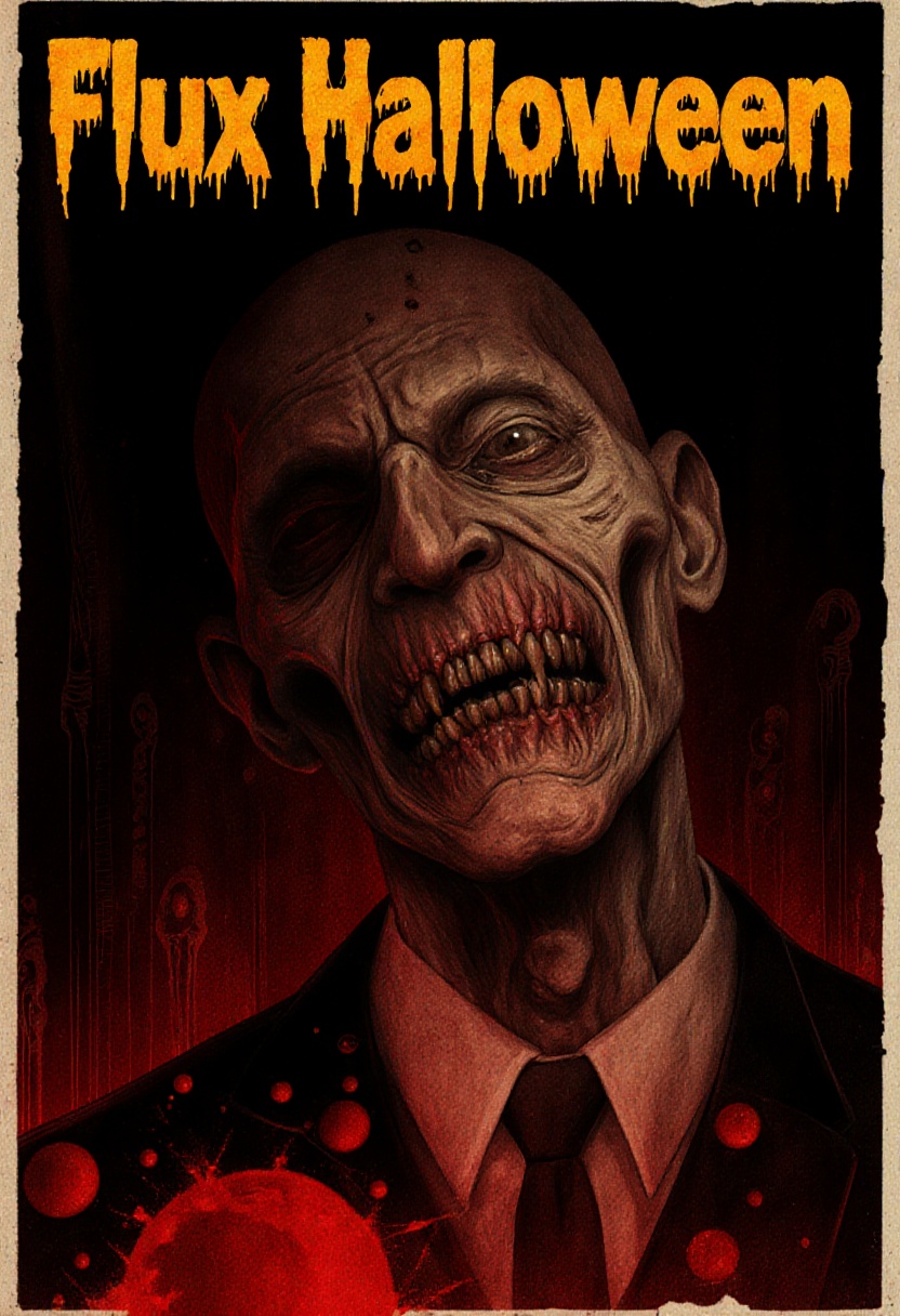 a man as Ghoul,  in horror background ,  a title in a bold stylized font "FLUX Halloween" in the top. on Tensor.Art