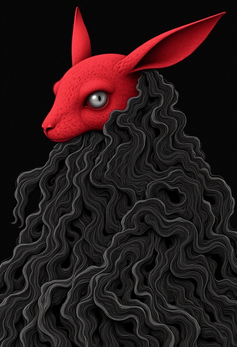 horror art by Anton Semenov and Frank Lloyd Wright,  old black and ruby red big voice pokémon,  dressed in 1940's hallowee...