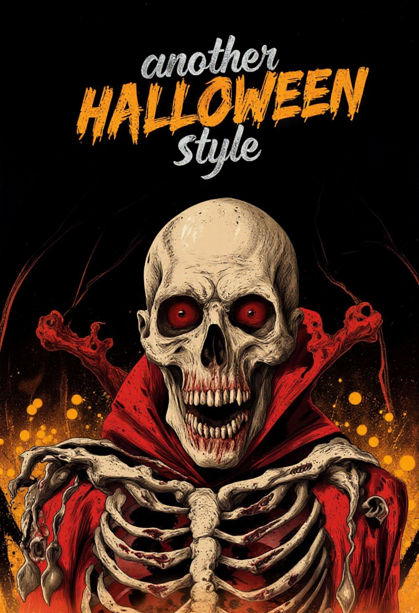 a man as Ghoul,  in horror background ,  a title in a bold stylized font "another Halloween Style" in the top. on Tensor.Art