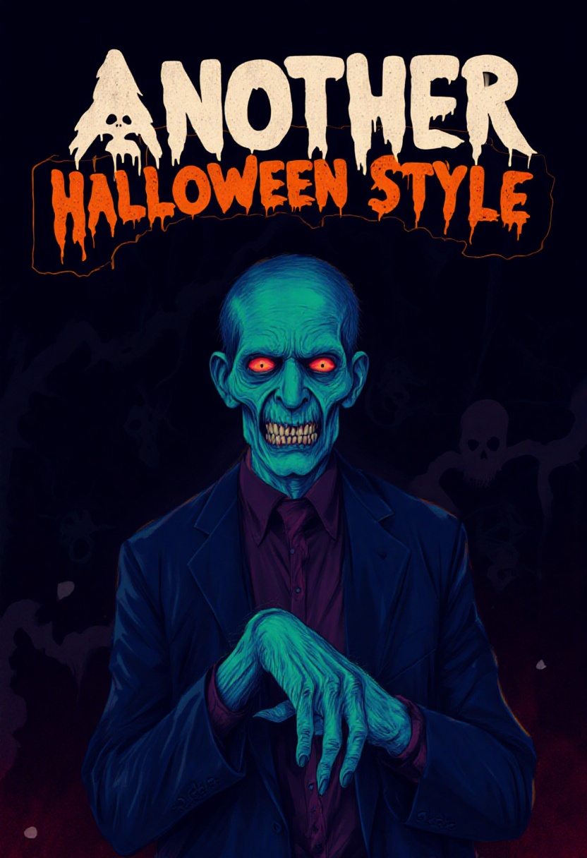 a man as Ghoul,  in horror background ,  a title in a bold stylized font "another Halloween Style" in the top. on Tensor.Art