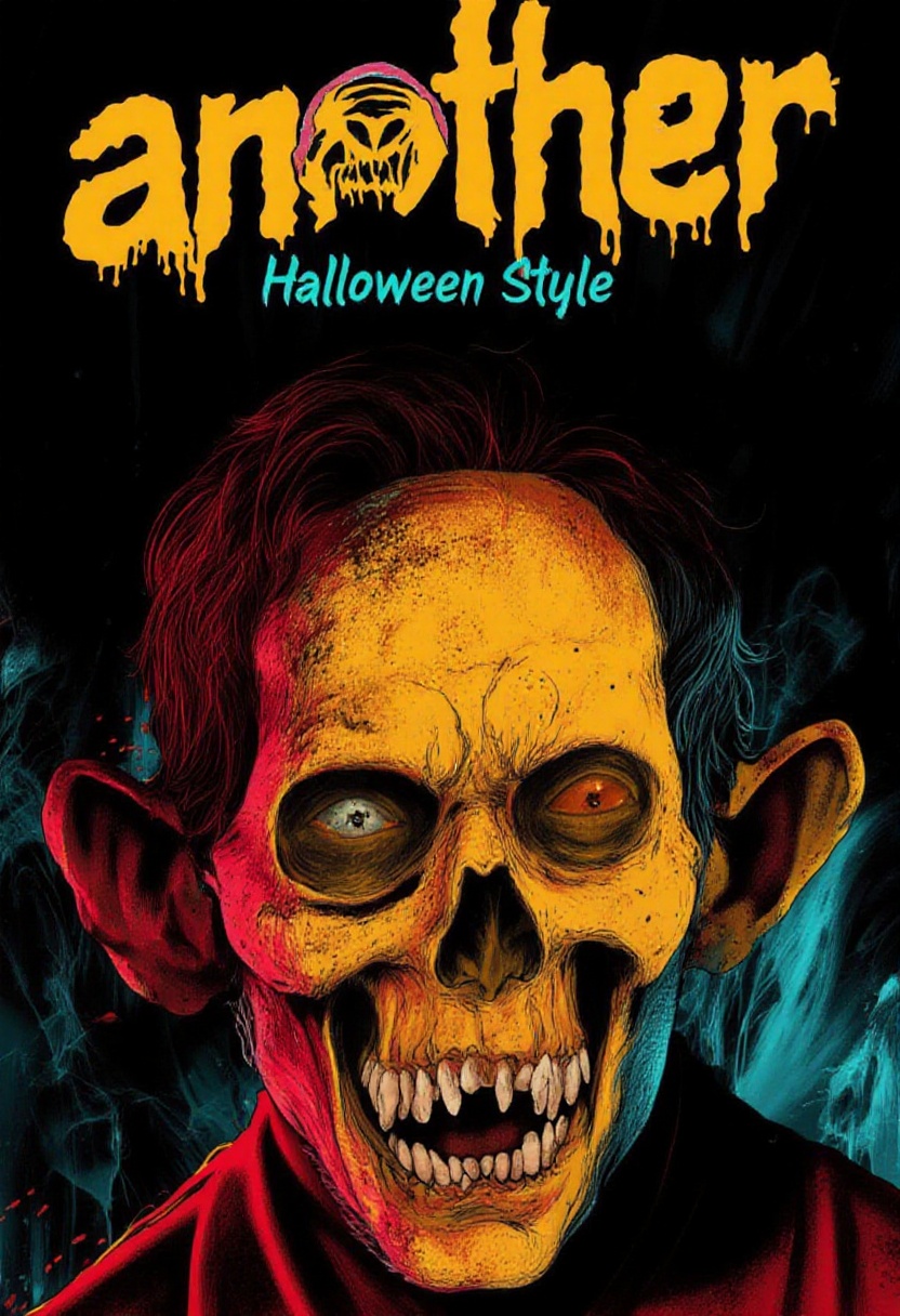 a man as Ghoul,  in horror background ,  a title in a bold stylized font "another Halloween Style" in the top. on Tensor.Art