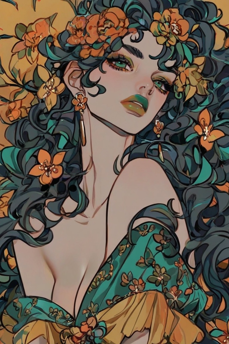 The image depicts a stylized illustration of a woman with dark curly hair adorned with a large floral-patterned bow. She i...