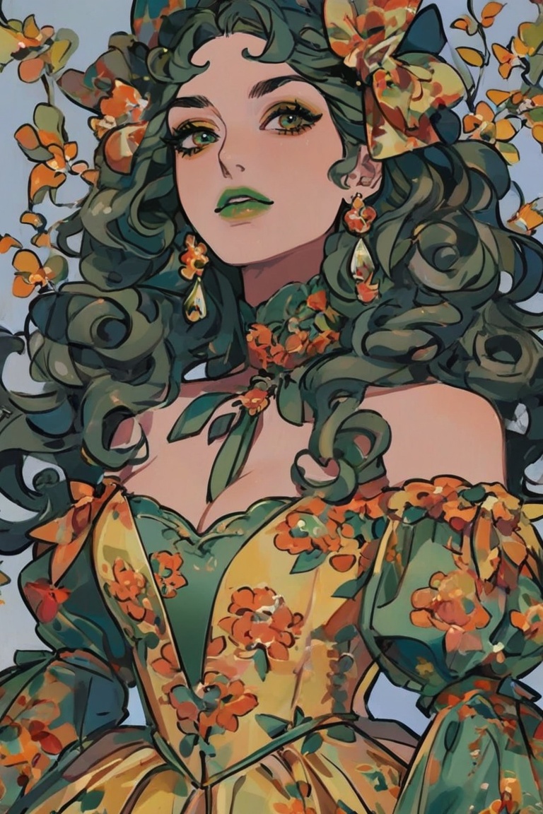The image depicts a stylized illustration of a woman with dark curly hair adorned with a large floral-patterned bow. She i...
