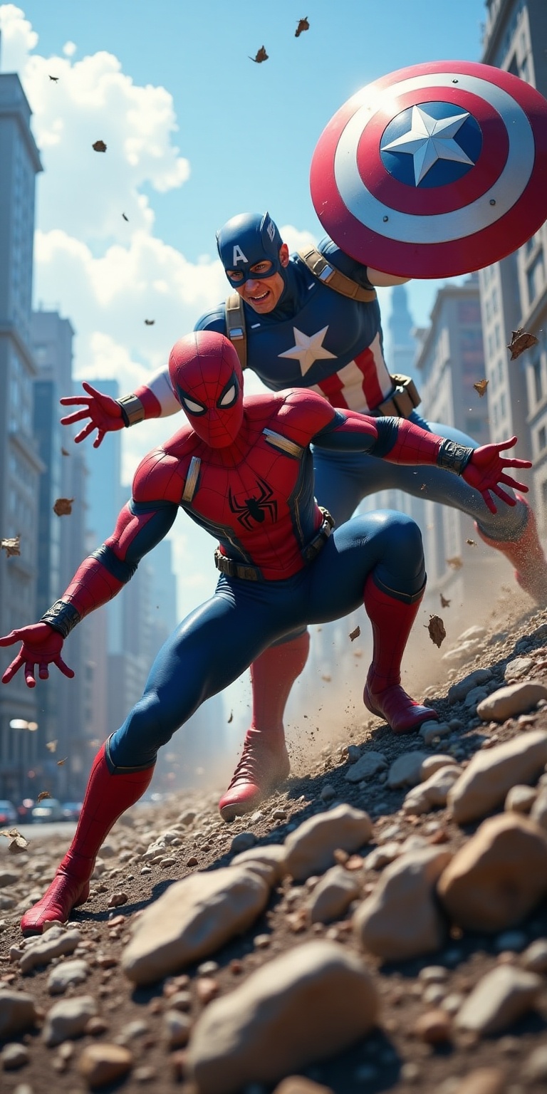 Dynamic low-angle shot of Spider-Man in red-and-blue suit with spider emblem,  mid-leap through air,  firing webs on Tenso...