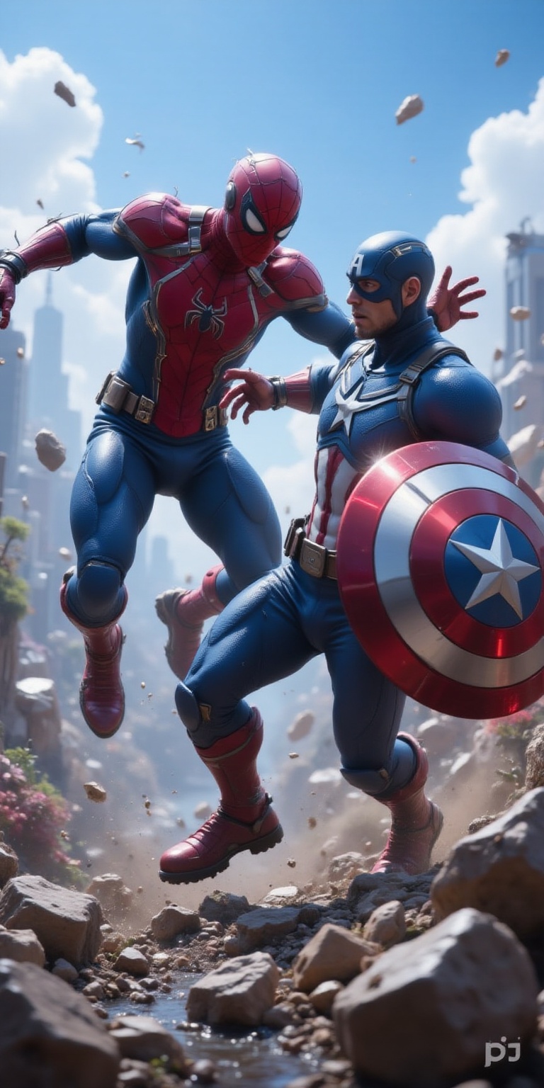 Two superheroes in a dynamic action scene: Spider-Man and Captain America. Spider-Man,  with red and blue suit,  webs on T...