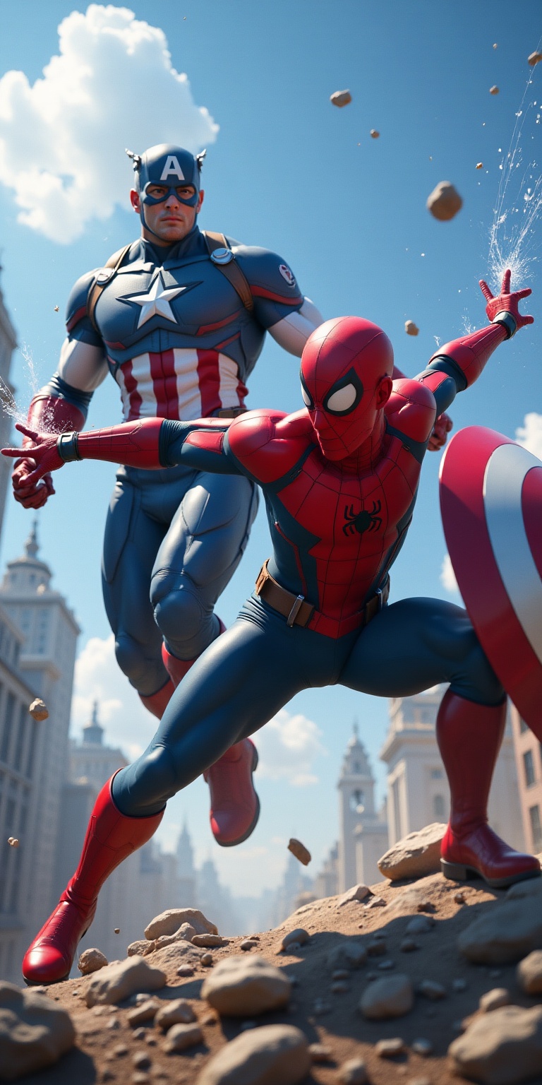 Dynamic low-angle shot of Spider-Man in red-and-blue suit with spider emblem,  mid-leap through air,  firing webs on Tenso...