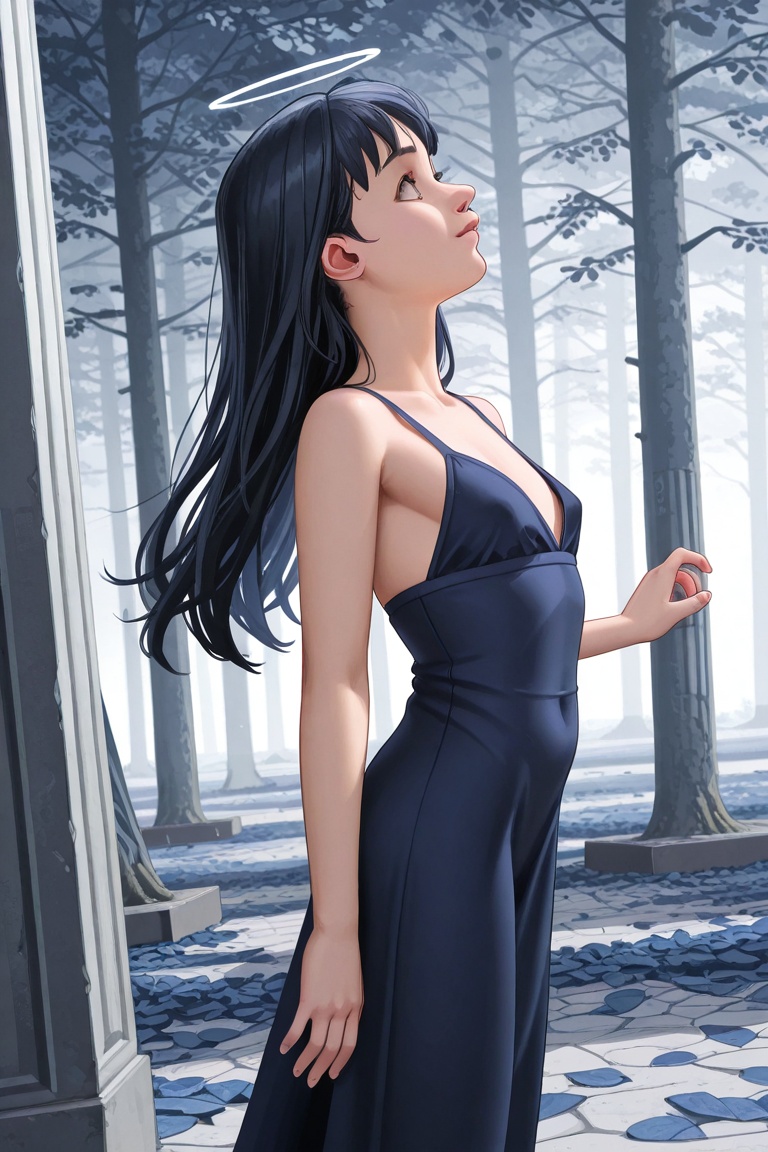 Digital illustration of a young woman with long black hair in a graceful sky blue dress,  curvaceous figure,  surrounded b...