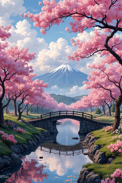 A peaceful Japanese countryside with cherry blossoms and a small wooden bridge,  highly detailed digital art,  Japanese ae...