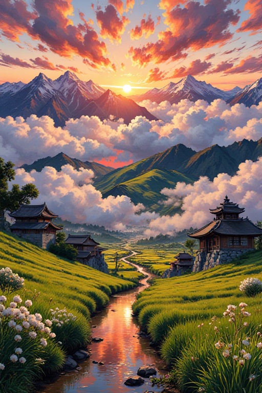 A traditional Japanese village surrounded by rice fields during sunset,  detailed digital art,  glowing atmosphere on Tens...