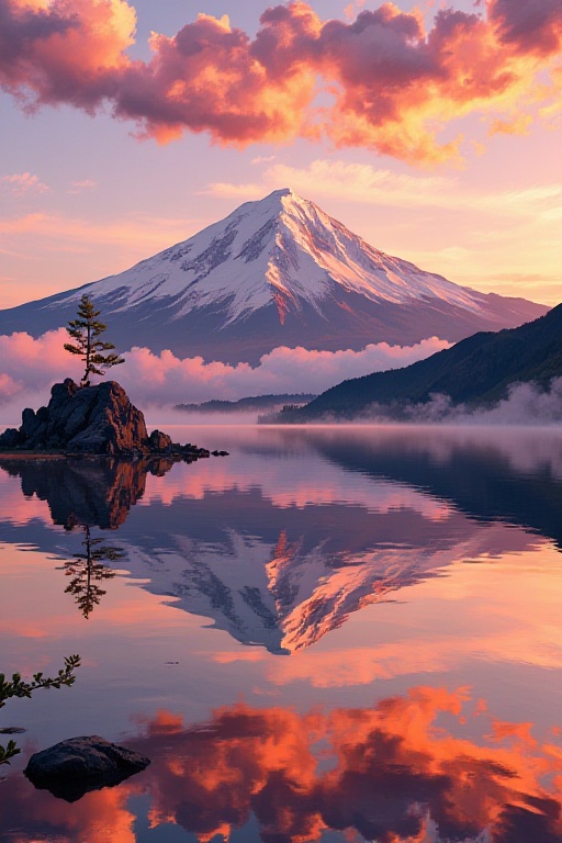 Mount Fuji reflecting on a calm lake at sunrise,  cinematic composition,  ultra-detailed digital painting on Tensor.Art