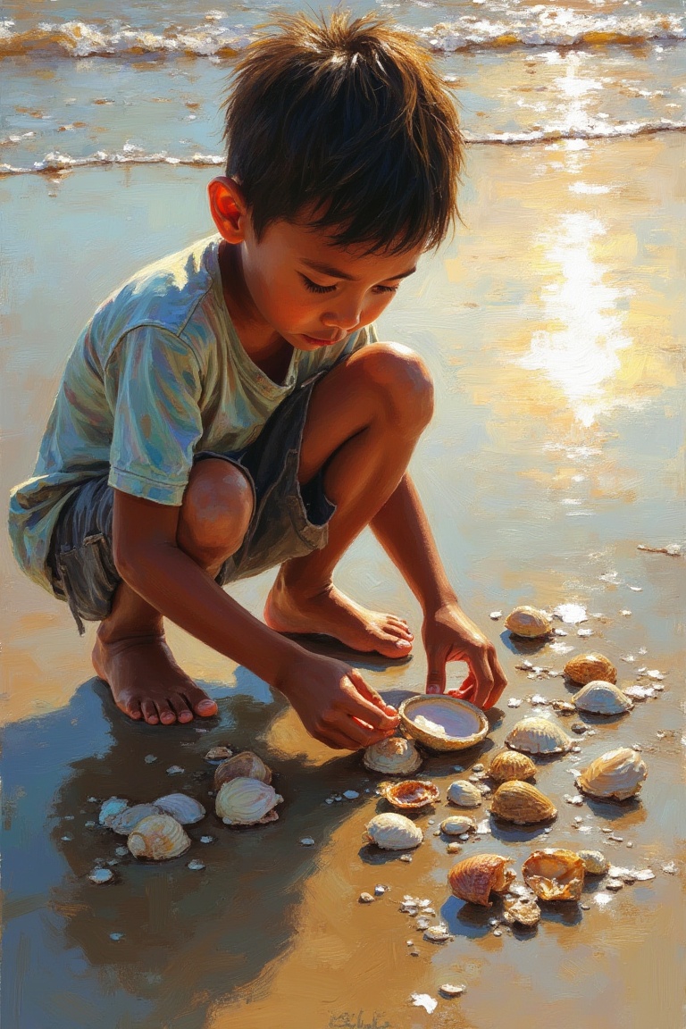 Close-up of a young boy crouching and collecting seashells at the shore,  acrylic paint aesthetic by keliafx,  soft sunlig...