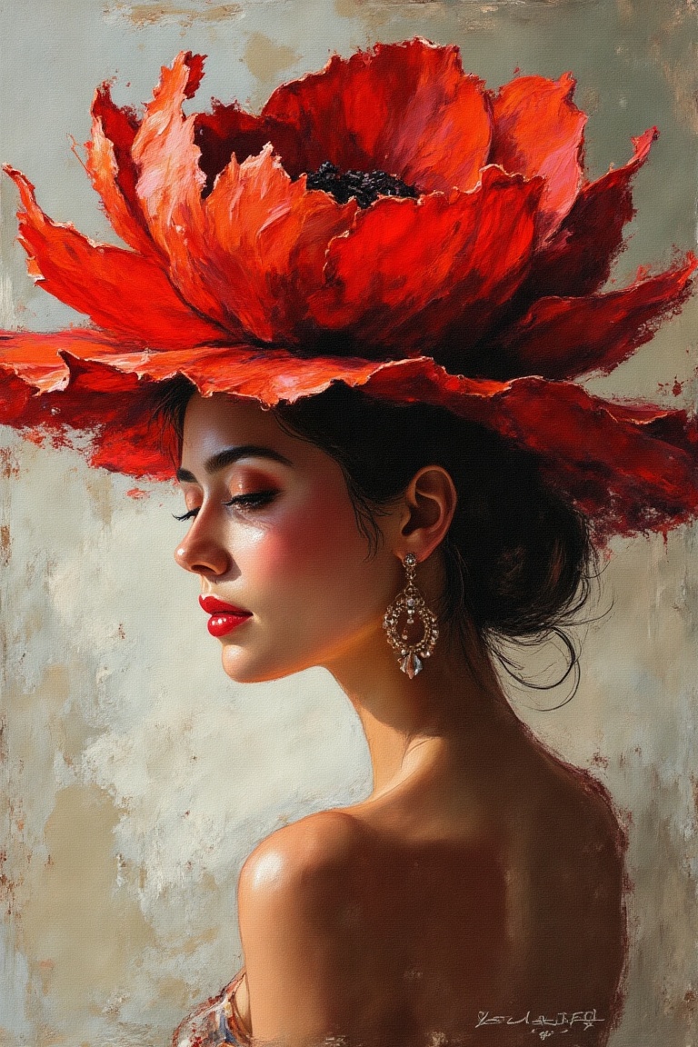 Portrait of a woman wearing a large red flower hat,  acrylic paint aesthetic by keliafx,  impressionist modern art style o...