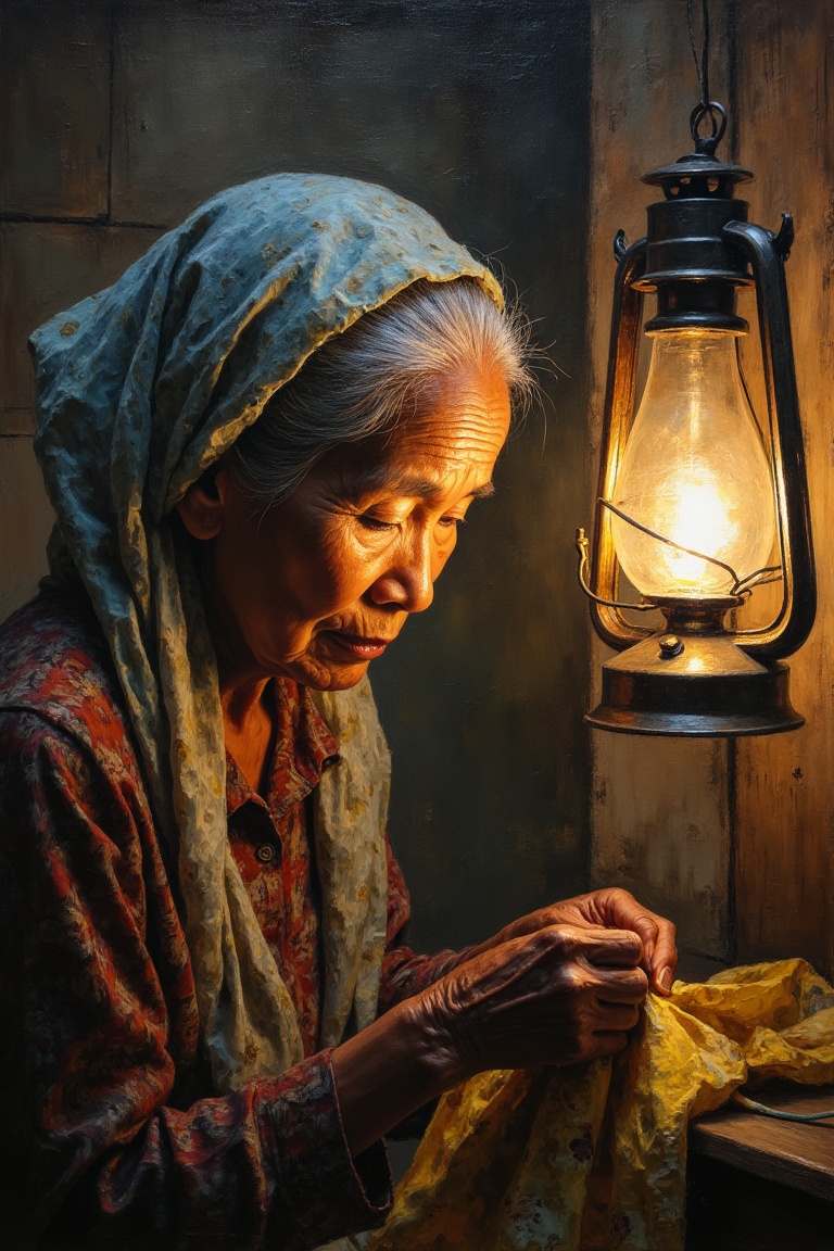 Close-up of an elderly Malay woman sewing fabric under a hanging oil lamp (pelita),  acrylic paint aesthetic by keliafx,...