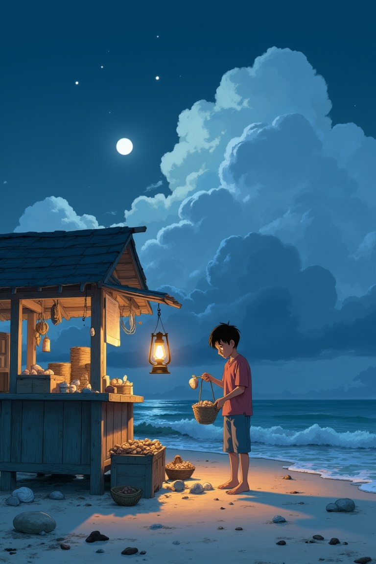 Medium shot anime screencap style by keliafx,  zetty tropika,  teenage boy collecting seashells at beach on Tensor.Art
