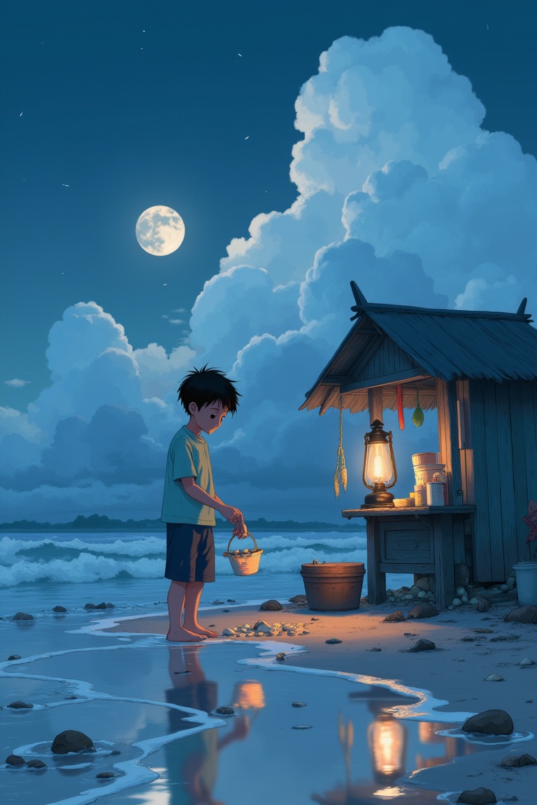 Medium shot anime screencap style by keliafx,  zetty tropika,  teenage boy collecting seashells at beach on Tensor.Art
