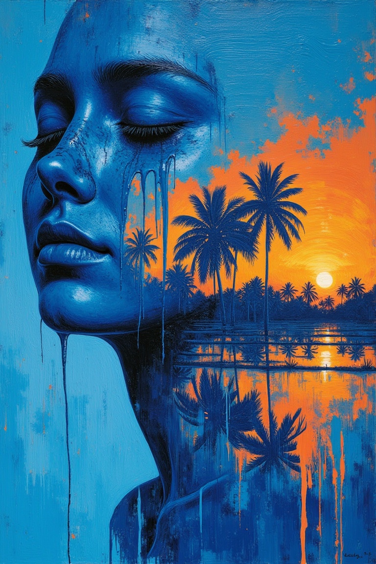 Portrait of a woman with eyes closed,  face painted in expressive blue oil tones,  Art Double Exposure.keliafx ZETTY artis...