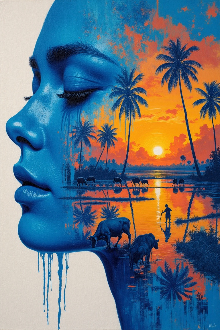 Portrait of a woman with eyes closed,  face painted in expressive blue oil tones,  Art Double Exposure.keliafx ZETTY artis...