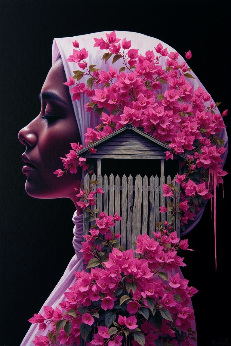 Side profile of a Malay woman in baju kurung,  eyes closed peacefully,  double exposure with blooming bougainvillea flower...