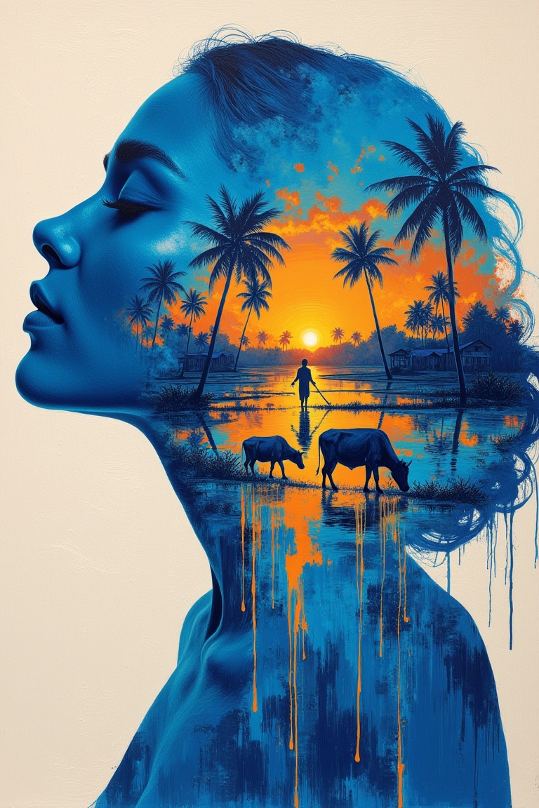 Portrait of a woman with eyes closed,  face painted in expressive blue oil tones,  Art Double Exposure.keliafx ZETTY artis...