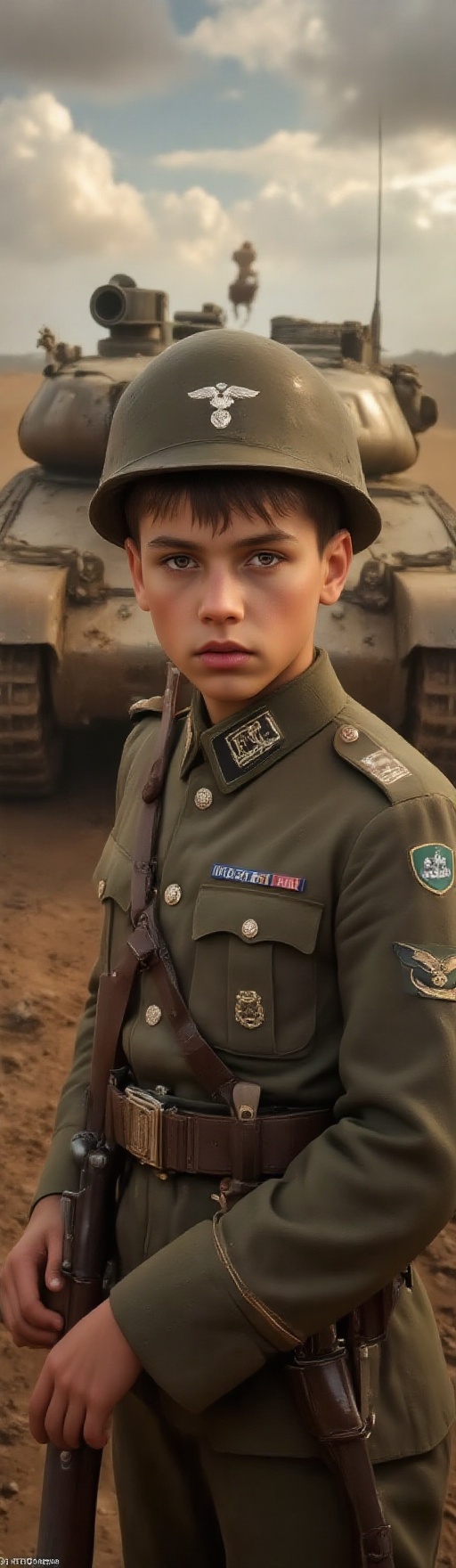 Top quality. Inspiration: Military uniforms,  WWII. Image content: A boy,  alone on Tensor.Art