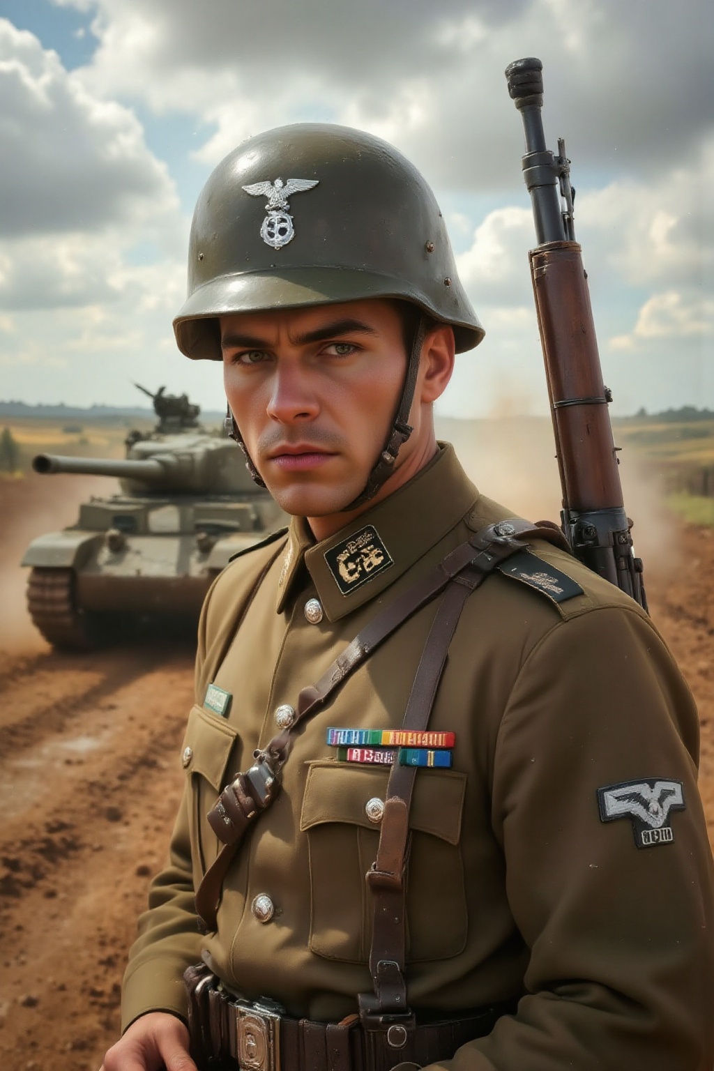 Top quality. Inspiration: Military uniforms,  WWII. Image content: A man,  alone on Tensor.Art