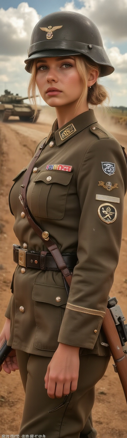 Top quality. Inspiration: Military uniforms,  WWII. Image content: A woman,  alone on Tensor.Art
