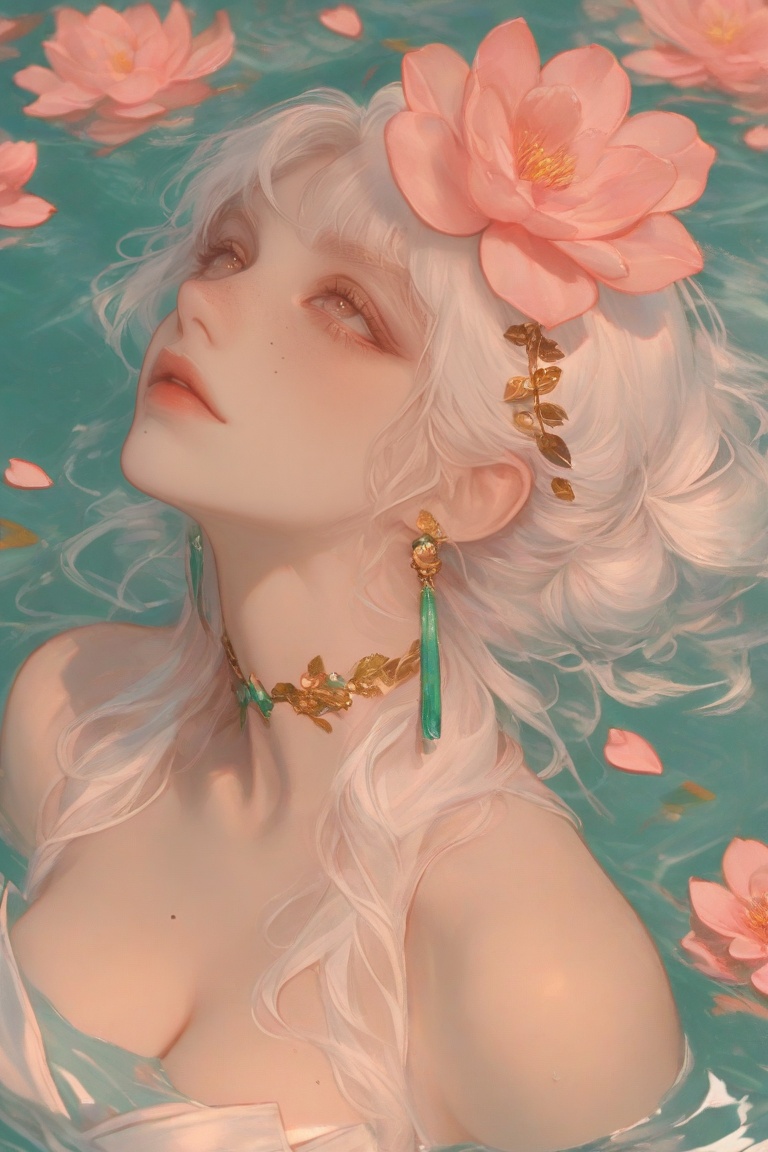 1girl,  solo,  pink flower and gold hair ornament on Tensor.Art