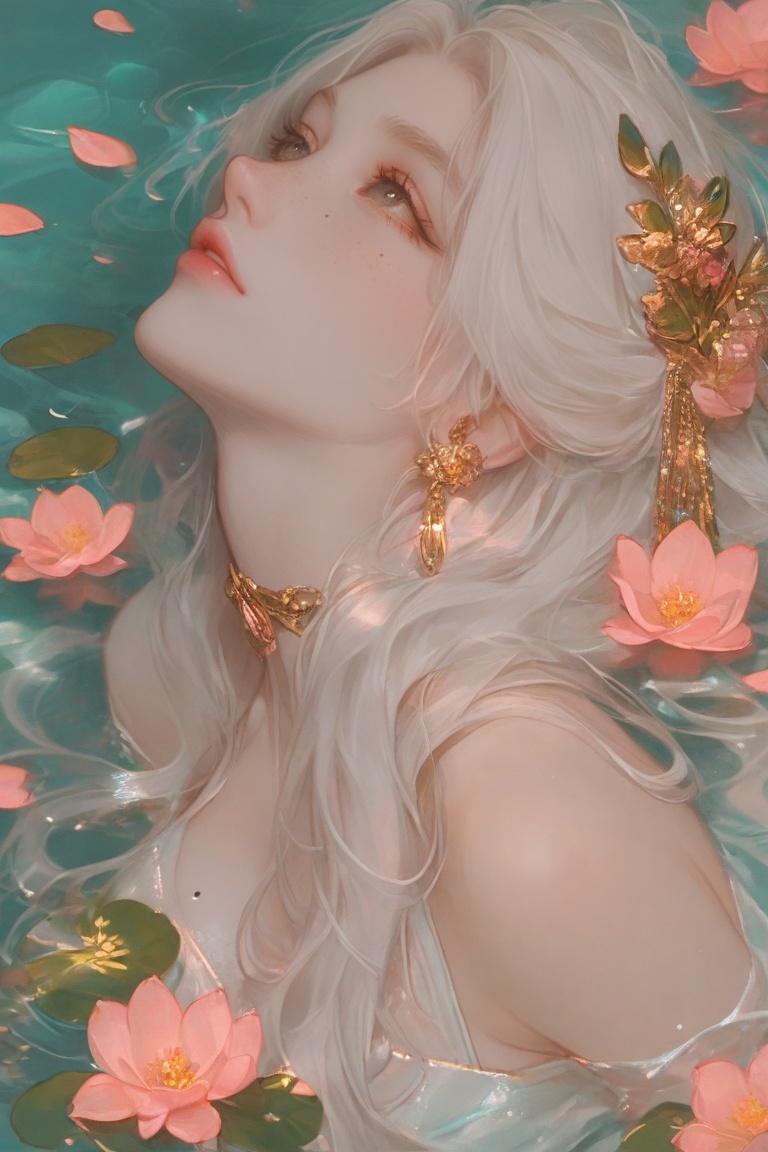 1girl,  solo,  pink flower and gold hair ornament on Tensor.Art