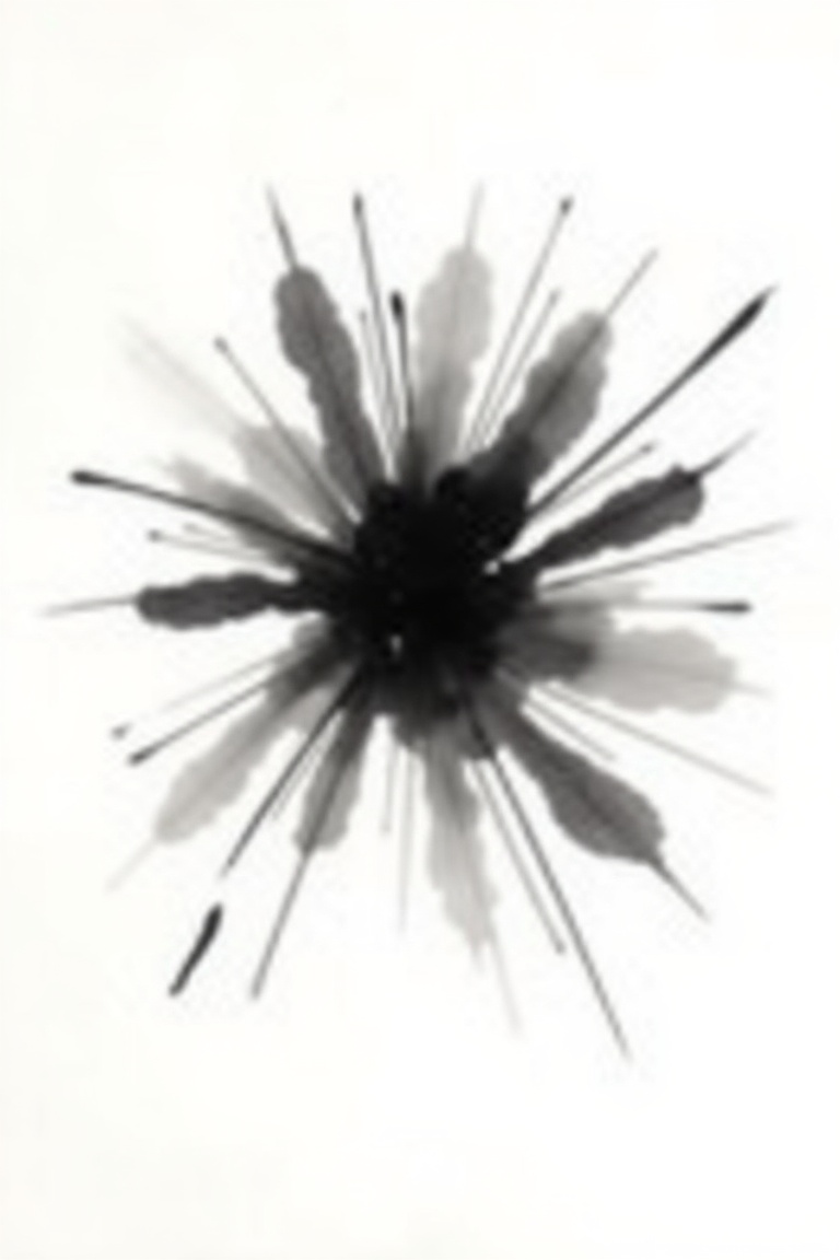 calligraphy ink art.keliafx,  single abstract flower rendered purely in calligraphy ink,  strong central brush blot radiat...