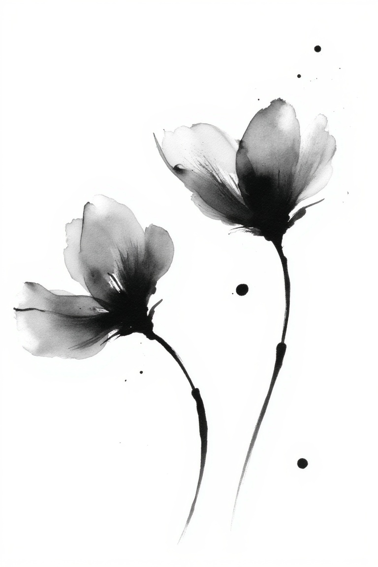 calligraphy ink art.keliafx,  two delicate flowers painted in black calligraphy ink using flowing brush strokes,  petals a...